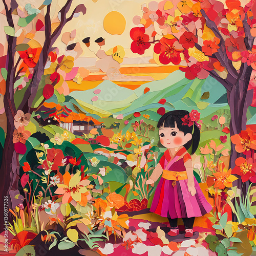 A Child's Autumn Stroll: An adorable child in traditional attire, wanders through an autumnal landscape teeming with vibrant colors and blooming flowers, evoking a sense of peace and wonder.