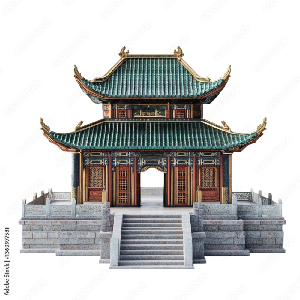 Fototapeta premium Majestic Chinese Pavilion Teal Roof Stone Steps Architecture
