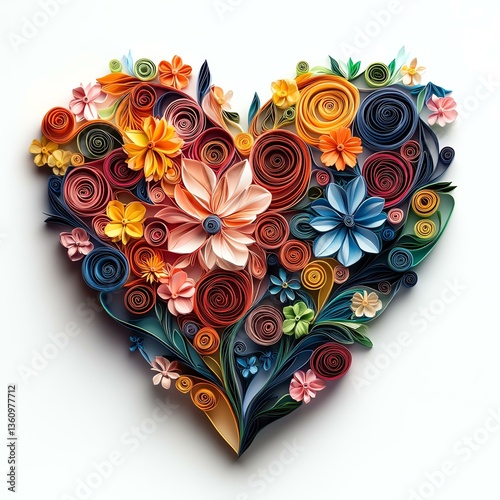 Colorful floral heart made from paper quilling.