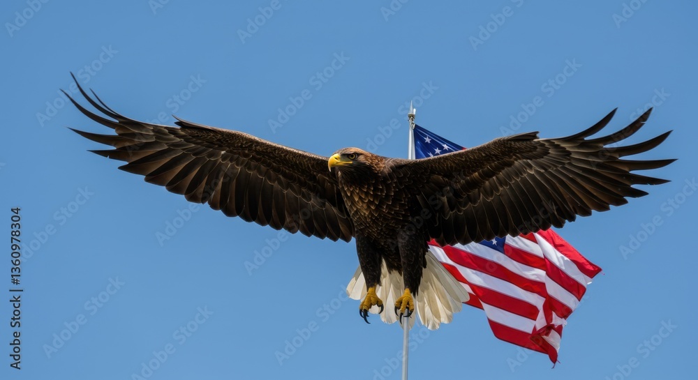 Obraz premium Eagle Flying with American Flag