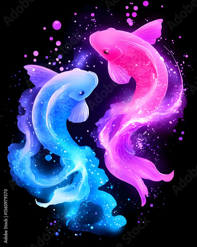 Two glowing koi fish in a vibrant design.  Possible use for apparel or digital art