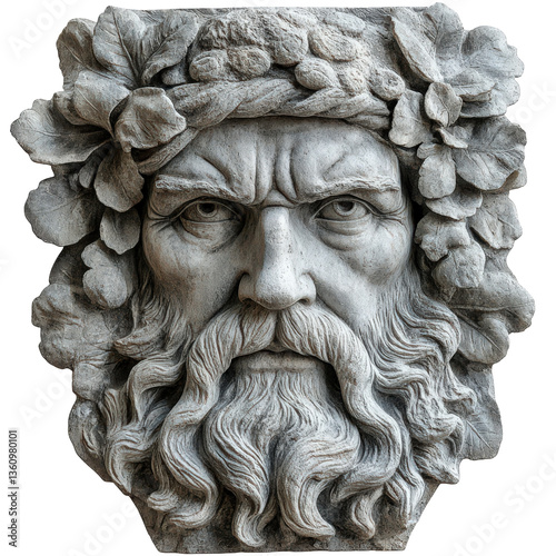 Ancient marble head sculpture of a man with floral crown and beard detail