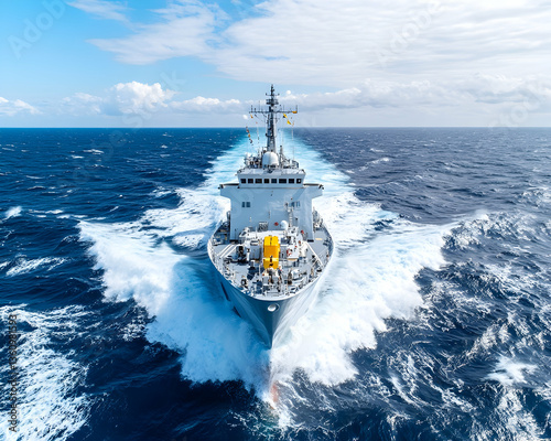 Warship in motion on a vast ocean. Aerial view. Potential use for military history books or stock photography