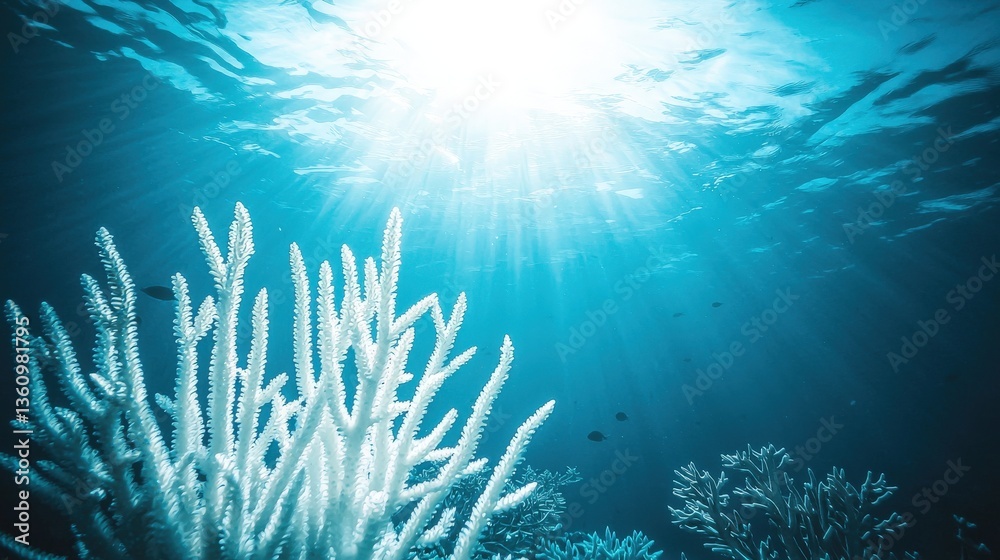 Naklejka premium Stunning underwater shot of bleached coral, sunlight streams through the ocean water, creating a dramatic scene of vibrant blue hues and delicate white coral structures.