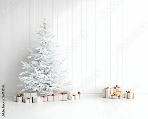 White Christmas tree with gifts, wood panel wall