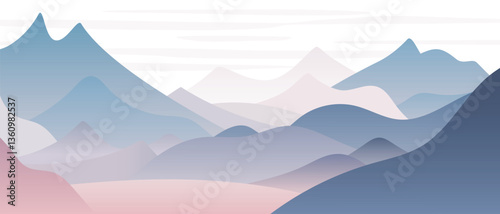 Minimalistic mountain landscape, morning light, vector illustration, abstract stylization