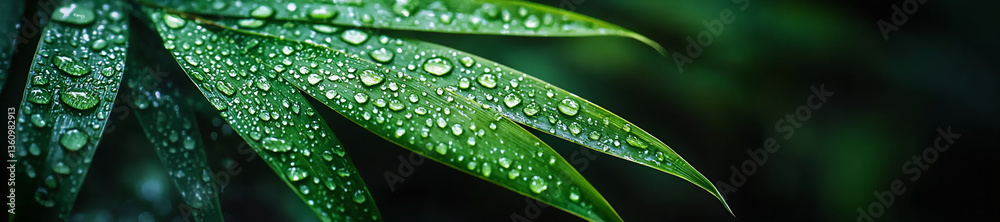 a close-up shot of a bamboo leaf with dew drops, a close-up shot of a bamboo leaf with dew drops,