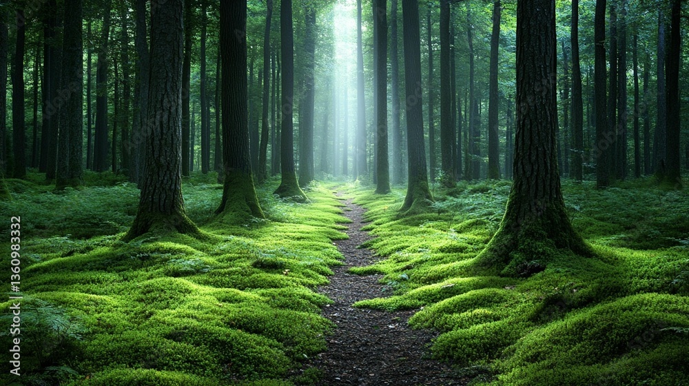 Fototapeta premium Sunbeams illuminate a mossy path through a dense forest.