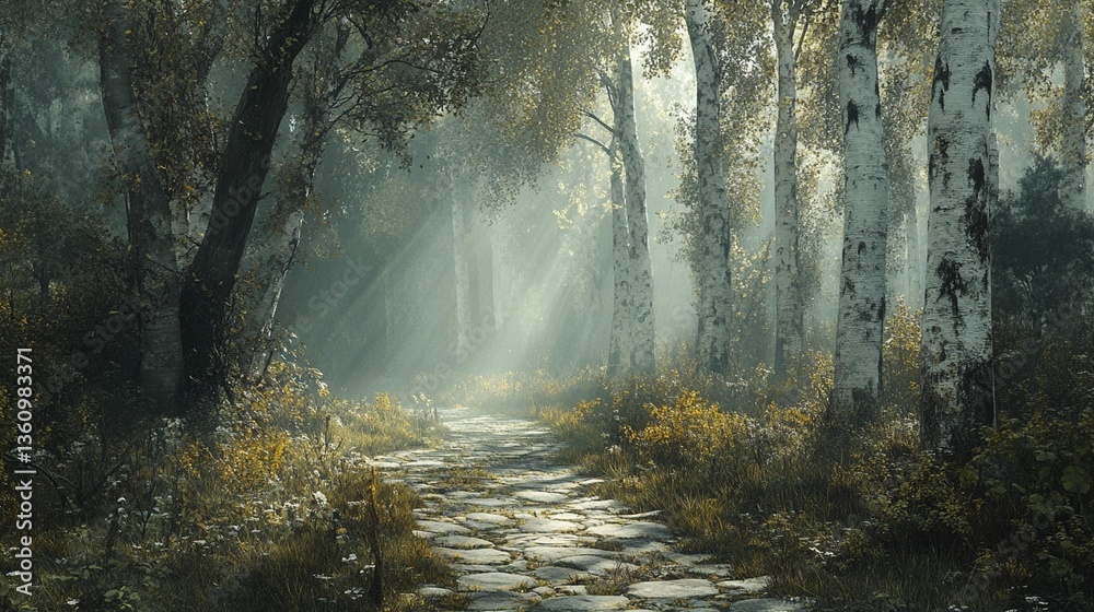 Fototapeta premium Sunbeams illuminate a misty path through a birch forest.
