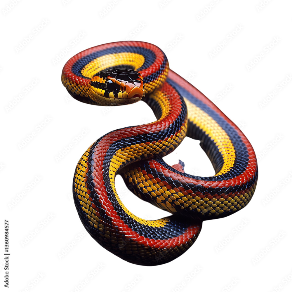 Fototapeta premium A Radiant Coral Snake Curled Around a Tree Branch Isolated on Transparent Background