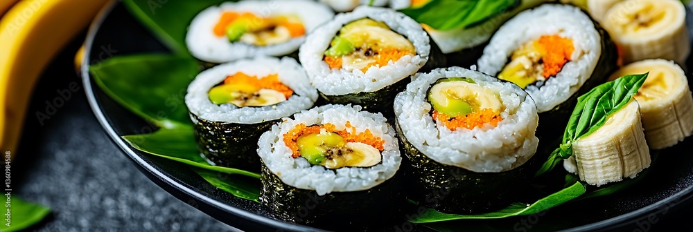 Vegan sushi rolls with banana served in platter on tabletop, bananas in background Vegan sushi rolls with banana served in platter on tabletop, bananas in background