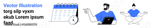 Calendar with clock symbolizing time management, man using laptop for work, person meditating for mindfulness. Ideal for productivity, planning, wellness, balance, scheduling, self-care flat landing