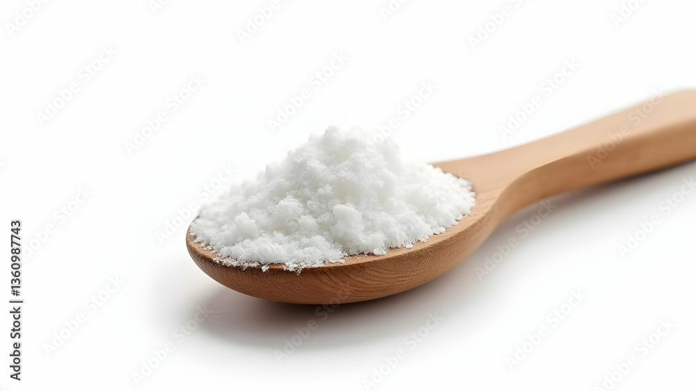 Fine White Baking Soda Precisely Measured in Simple Wooden Measuring Spoon on Pure White Surface Fine White Baking Soda Precisely Measured in Simple Wooden Measuring Spoon on Pure White Surface