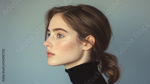 Profile of young caucasian female with brown hair in black sweater