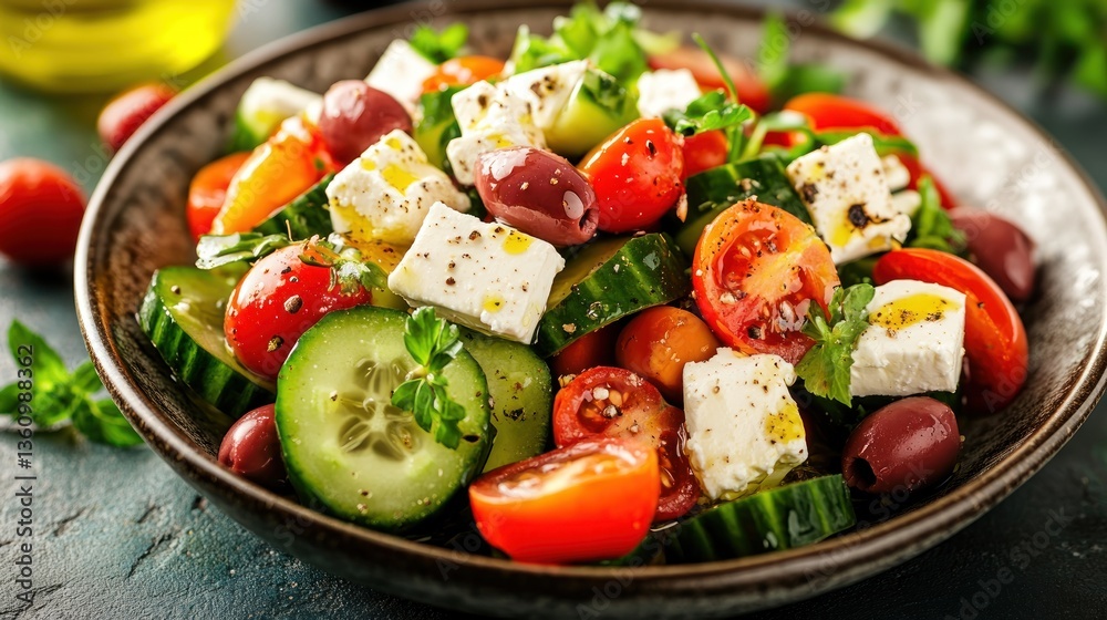 A vibrant and colorful Mediterranean salad with fresh feta cheese and vegetables A vibrant and colorful Mediterranean salad with fresh feta cheese and vegetables