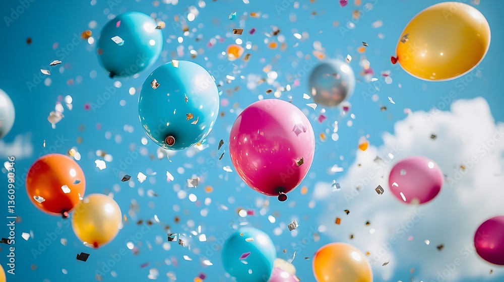 Colorful balloons and confetti soar in a sunny sky. Celebration, joy, festivity Colorful balloons and confetti soar in a sunny sky. Celebration, joy, festivity