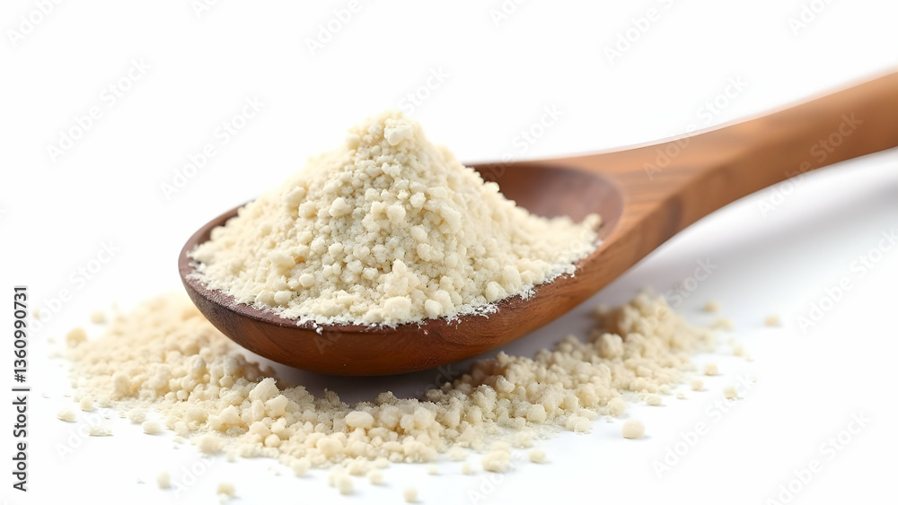Fine White Psyllium Husk Powder Precisely Measured in Traditional Medicinal Wooden Spoon on White Surface Fine White Psyllium Husk Powder Precisely Measured in Traditional Medicinal Wooden Spoon on White Surface