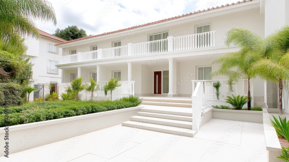 Luxurious, modern, white house with a spacious courtyard. Exterior features include multiple levels, balconies, a grand entrance, and lush landscaping Luxurious, modern, white house with a spacious courtyard. Exterior features include multiple levels, balconies, a grand entrance, and lush landscaping