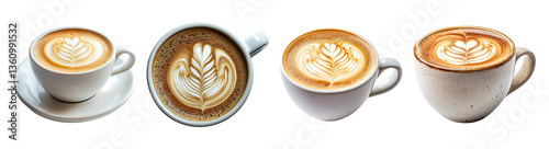 Assorted Coffee Cups with Beautiful Latte Art on a White Background, PNG bundle collection, Isolated on Transparent Background