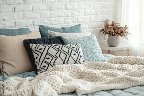 Cozy bedroom interior with layered pillows and a knitted blanket photo