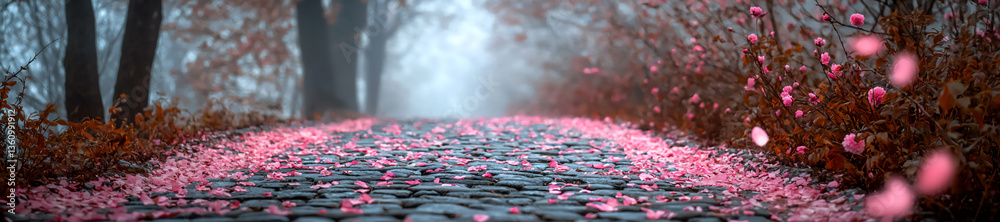 Fototapeta premium a cobblestone path covered in pink cherry blossom petals,