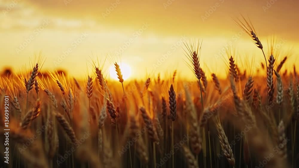 Golden wheat field at sunset with warm, vibrant colors, a mesmerizing natural background
