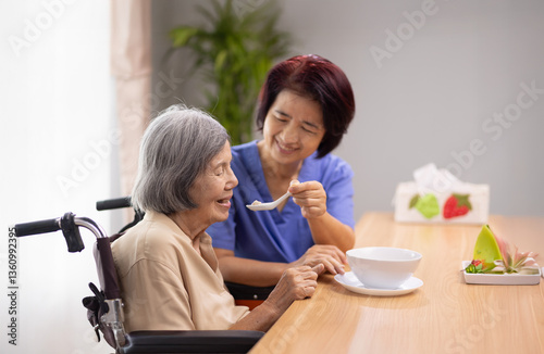 Billede på lærred Caregiver feeding elderly asian woman with soup.