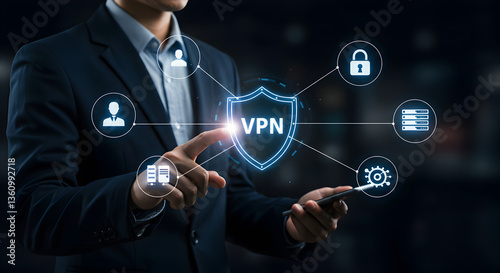 Businessman using a smartphone and touching a glowing VPN shield icon with a futuristic digital network interface, representing cybersecurity, encrypted data protection, online privacy, and secure int photo