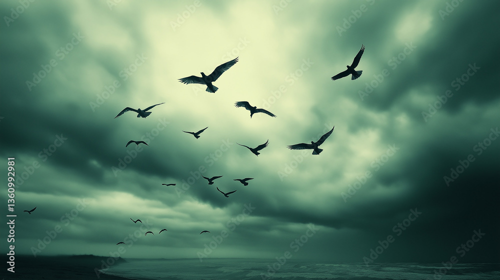 Fototapeta premium Birds soaring over a tranquil landscape with looming clouds, symbolizing global health threats and virus spread.