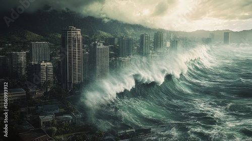 City buldings and giant tide wave ravaging coast town in a hurricane storm.