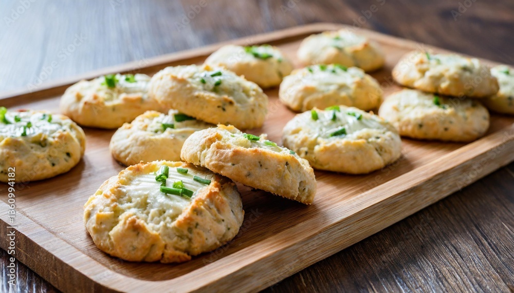 Freshly Baked Chive Biscuits with Butter Spread Captured Angled on Wooden Tray in Soft Southern Morning Glow Freshly Baked Chive Biscuits with Butter Spread Captured Angled on Wooden Tray in Soft Southern Morning Glow