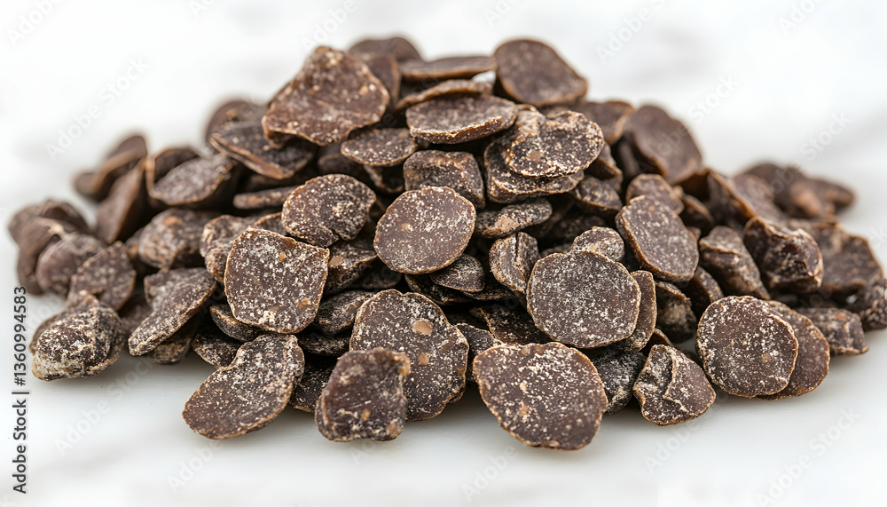 Obraz premium A pile of dark baking chocolate chips on a white marble background