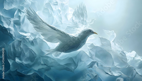 A low poly white bird flies through a textured light blue and white abstract background