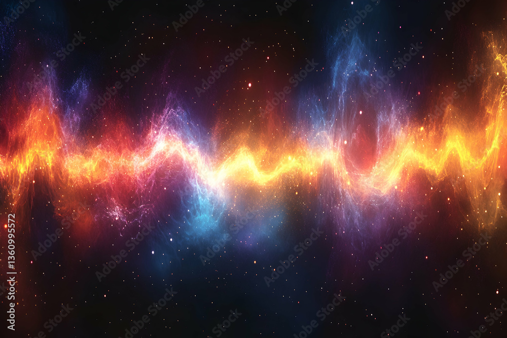 Fototapeta premium Abstract cosmos Wavy energy light with stars and colorful nebula in a dark background