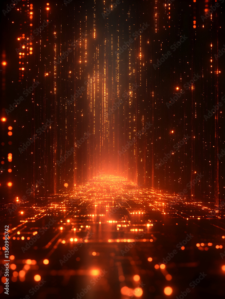 Fototapeta premium Abstract digital flow with glowing orange particles and lines