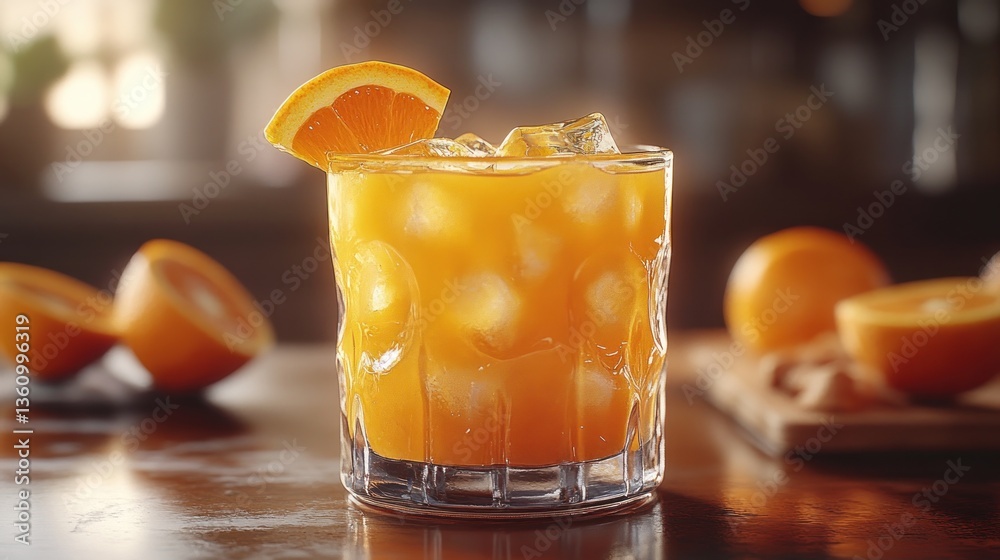 A freshly squeezed orange juice in a glass A freshly squeezed orange juice in a glass