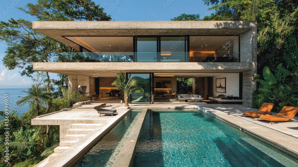 Fototapeta premium Modern concrete house with infinity pool overlooking ocean.