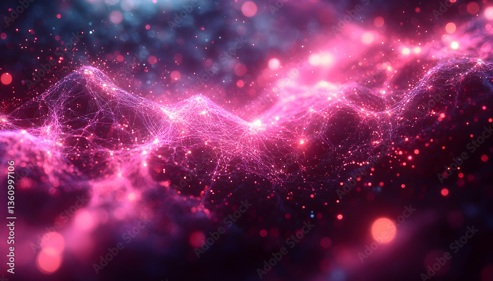 Abstract network pink waves and particles on dark background Sci-fi, futuristic, connection concept Abstract network pink waves and particles on dark background Sci-fi, futuristic, connection concept