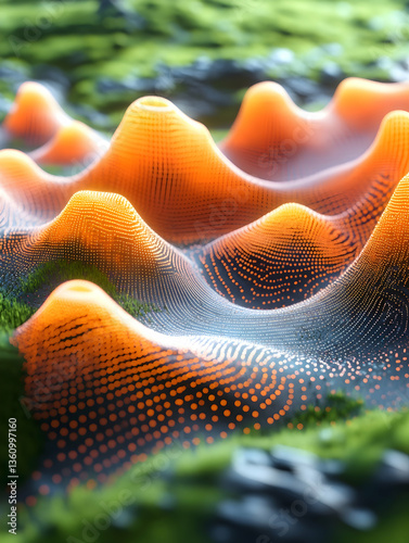 Abstract Orange undulation surfaces with green moss-like texture, intricate details, and patterns