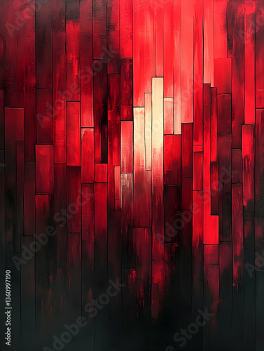Abstract painting of vivid red and black shades with rectangular textures