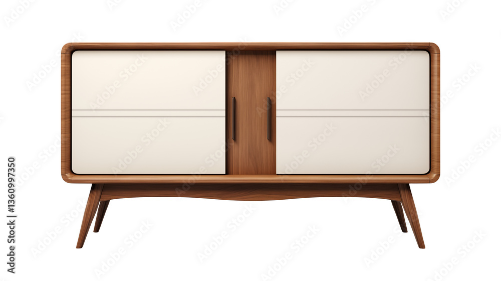 A wooden cabinet with white doors and dark brown handles