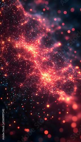 Abstract red & blue glowing network of interconnected particles and bokeh blurs