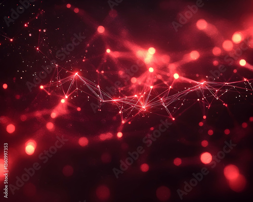 Abstract red network of glowing points linked by lines on a dark blurred background