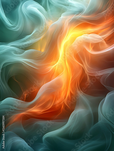 Abstract Swirling orange and green smoke-like forms with vibrant light