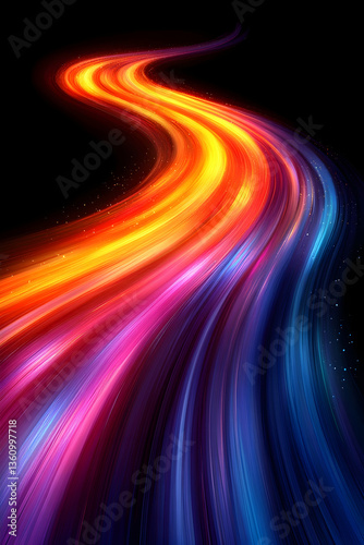 Abstract trail with vibrant orange, pink, and blue light streaks against a black background