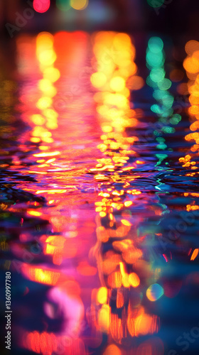 Abstract, vibrant city light reflection on wet surface