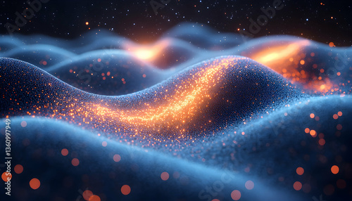 Abstract waves with glowing particles create a surreal landscape