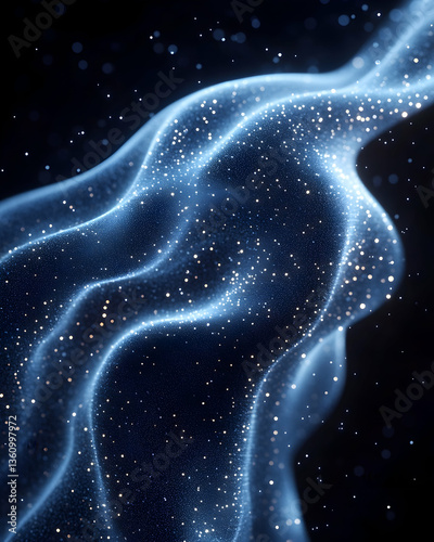 Abstract wavy blue form with small gold dots on a black background