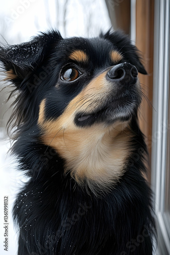 Adorable black and tan dog with expressive eyes gazing upwards in a snowy outdoor setting