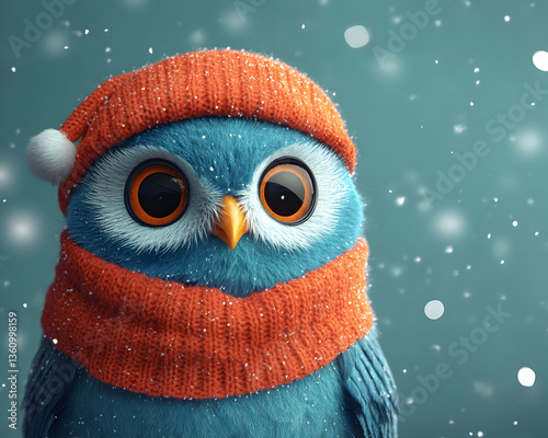 Adorable blue bird with orange knit hat and scarf in snowy weather